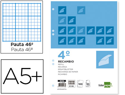 Recambio Liderpapel 4º 100h 60g/m² rayado nº46 con margen 6 taladros